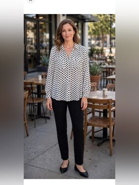 Ann Taylor Black & White Polka Dot Button-Down Blouse